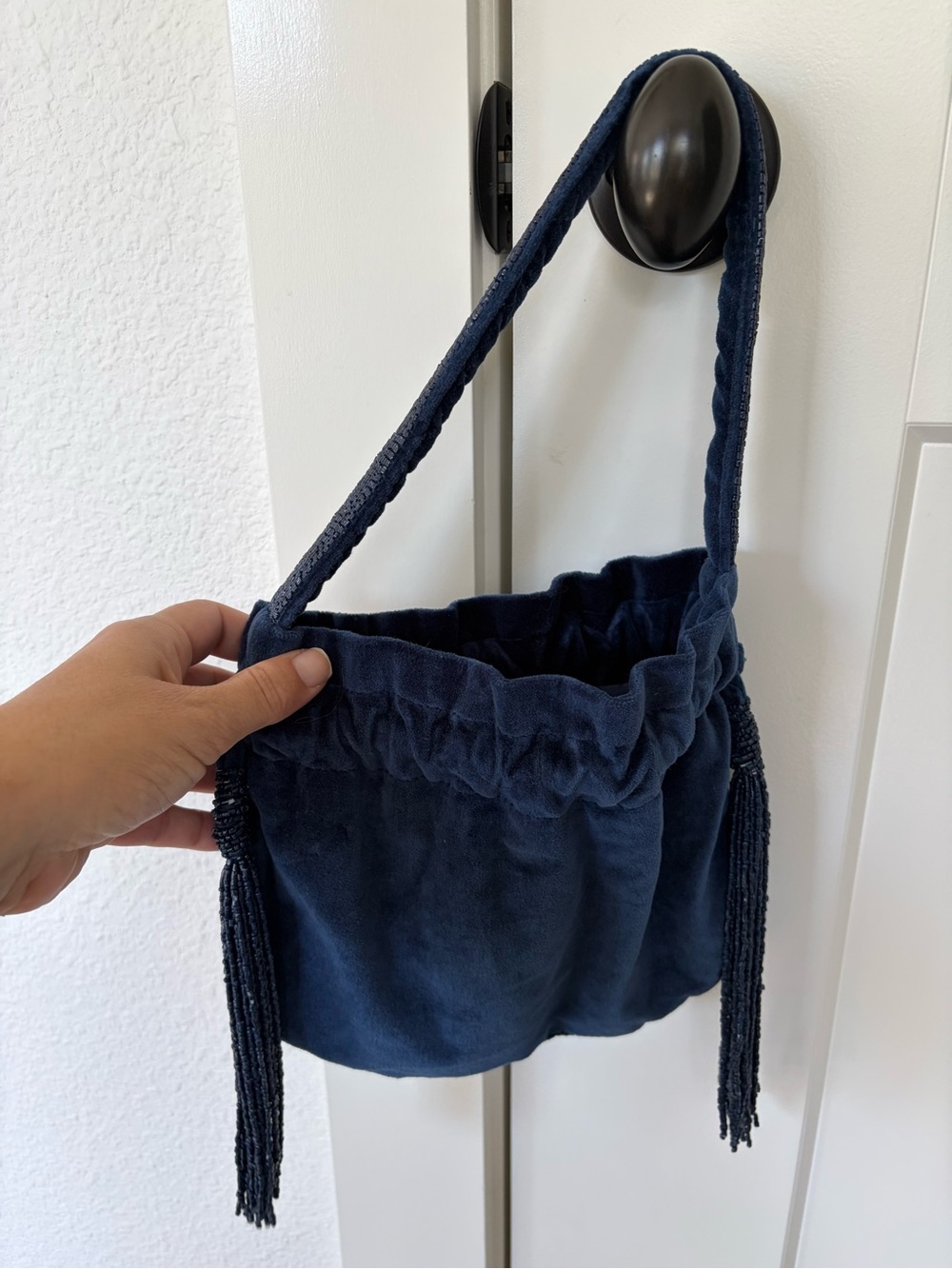 Free People Valentina Navy Blue Velvet Beaded Tassel Headband